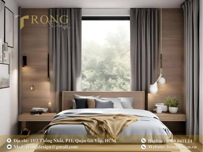 Phòng ngủ tối giản với sự kết hợp thanh lịch giữa gỗ và màu xám.