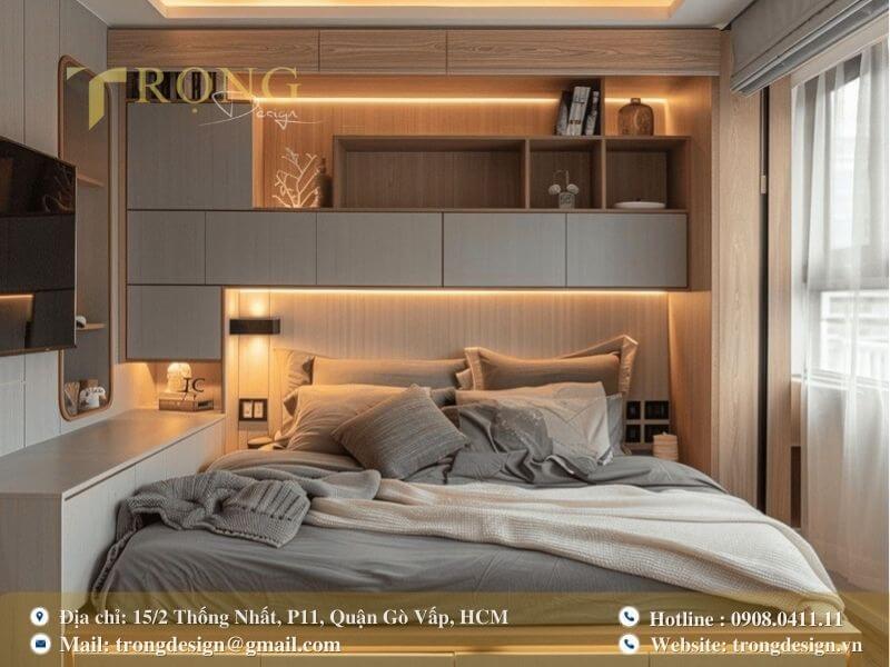 Thiết kế phòng ngủ hiện đại với hệ thống tủ kệ tích hợp và ánh sáng ấm áp.