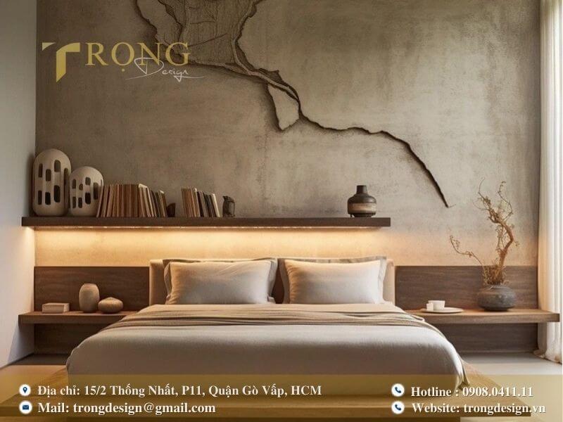 Phòng ngủ hiện đại, kết hợp giữa chất liệu gỗ tự nhiên và bê tông thô.