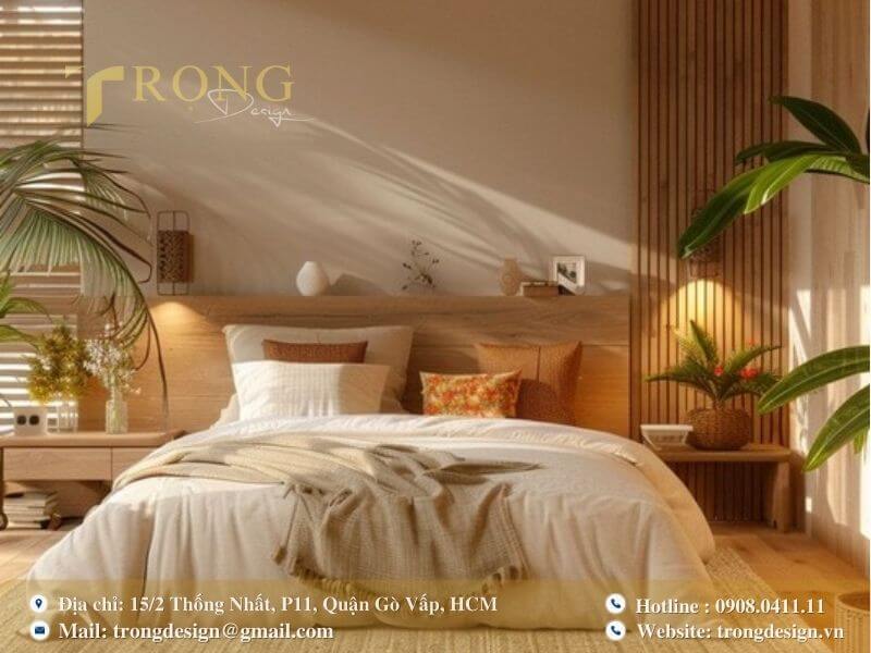 Thiết kế phòng ngủ tối giản, độc đáo với tường bê tông và cây xanh nội thất.