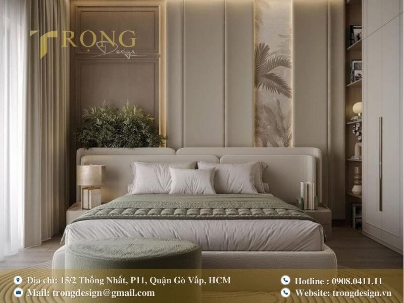Không gian phòng ngủ hiện đại, thư thái với tông màu be.