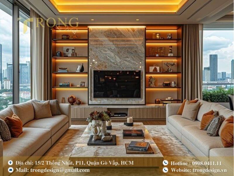 Phòng khách hiện đại, ấm cúng và đẳng cấp với nội thất sang trọng.