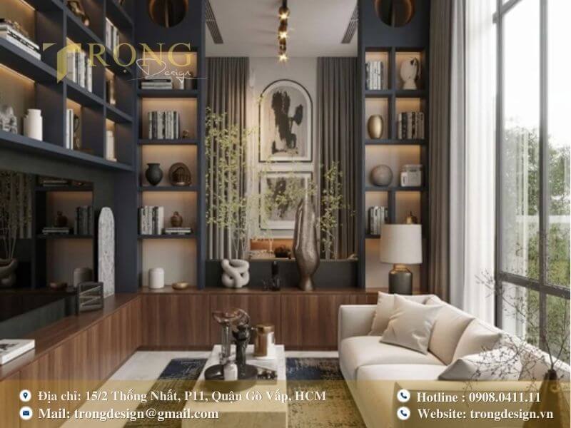Hệ thống giá sách kết hợp ánh sáng tạo nên vẻ đẹp tri thức và hiện đại.