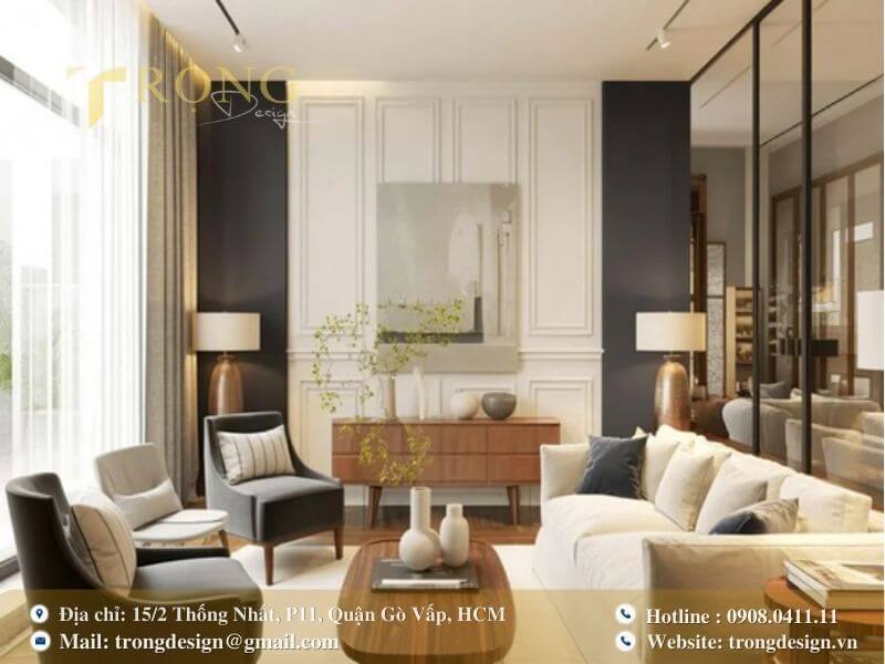 Sự kết hợp giữa tông sáng và tối tạo nên một không gian phòng khách sang trọng.
