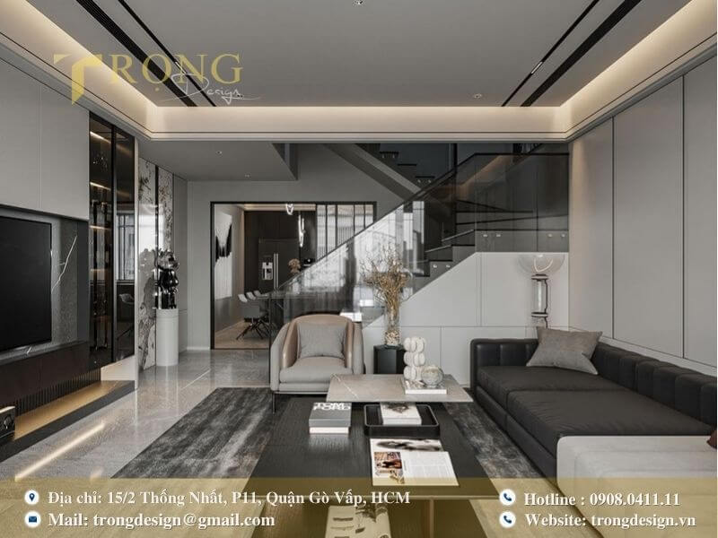 Nét sang trọng đến từ sự tương phản màu sắc và đường nét kiến trúc hiện đại.