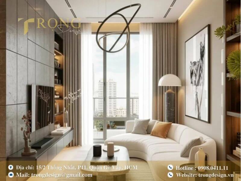 Phòng khách hiện đại với sofa cong và tường ốp đá sang trọng.