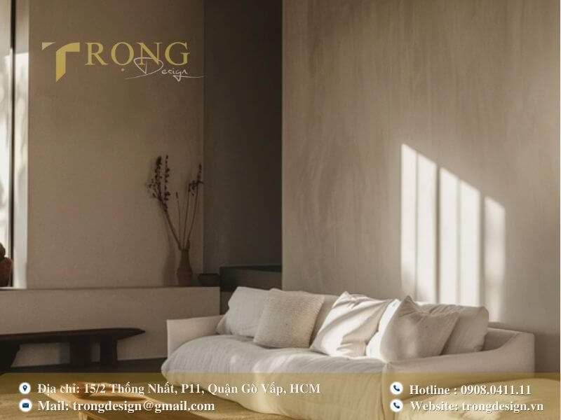 Phòng khách tối giản mộc mạc, ấm cúng với tông màu đất và vật liệu tự nhiên.