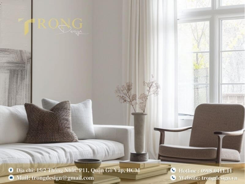 Thiết kế phòng khách tối giản tinh tế với tông màu trắng be và nội thất gỗ.