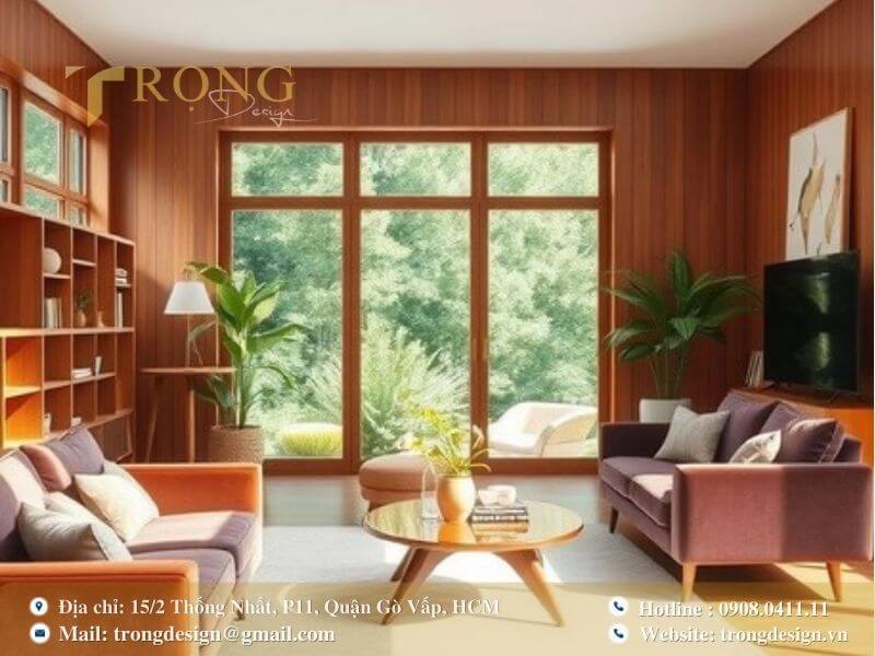 Phòng khách hiện đại pha trộn phong cách Mid-century với gỗ ấm áp.