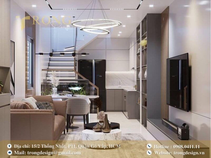 Phòng khách hiện đại, tối giản, lý tưởng cho không gian sống của các cặp đôi.
