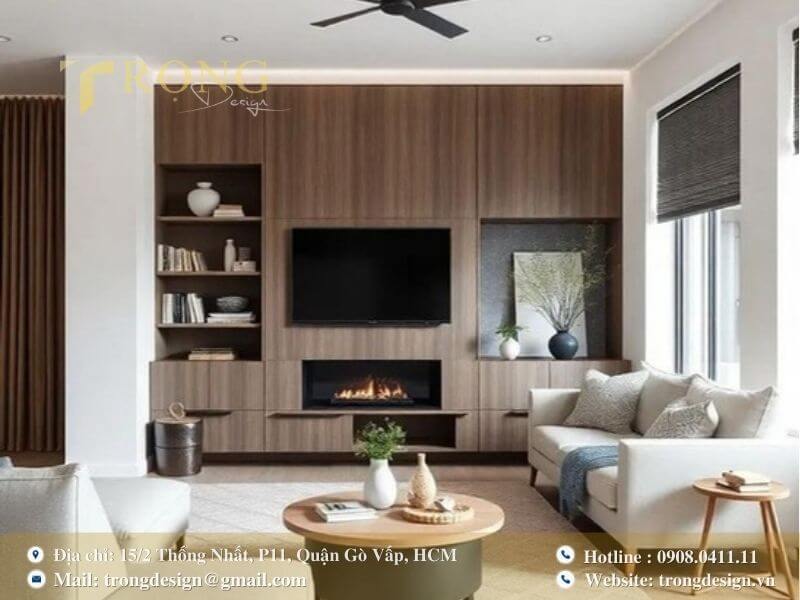 Phòng khách hiện đại, tinh tế với gam màu trắng và gỗ, tạo cảm giác thư thái.