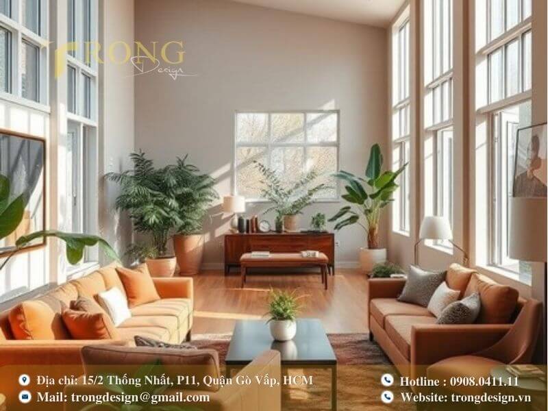 Thiết kế phòng khách hiện đại, ngập tràn ánh sáng với sofa đối xứng.