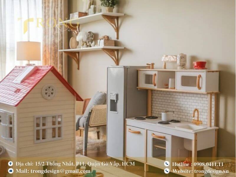 Phòng khách được thiết kế riêng một góc chơi sáng tạo và đáng yêu cho bé gái.