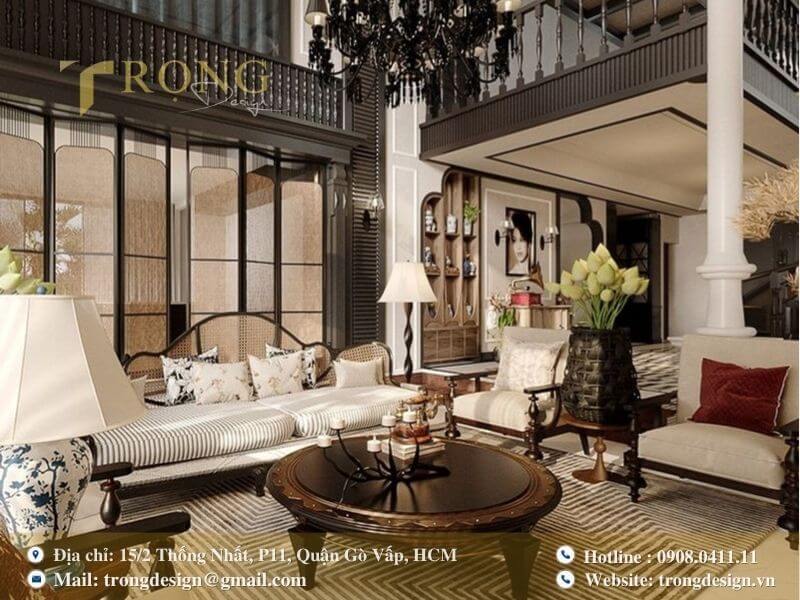 Phòng khách pha trộn phong cách Đông Dương và Tân Cổ Điển.