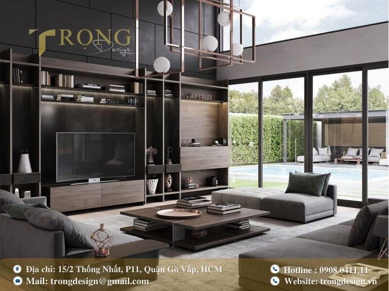 Nội thất phòng khách hiện đại, sang trọng với không gian mở ra hồ bơi.