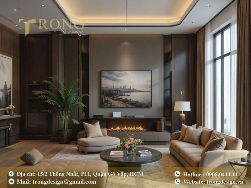 Phòng khách ấm cúng, tinh tế với sofa mềm mại và lò sưởi hiện đại.