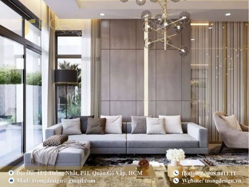 Phòng khách hiện đại, trẻ trung với sofa lớn thoải mái.