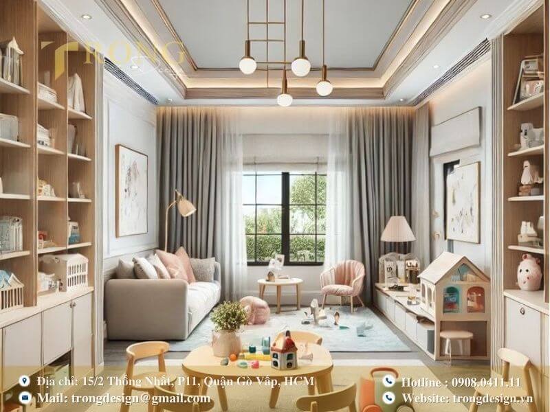 Phòng khách đa năng, tích hợp khu vực vui chơi và học tập cho trẻ.