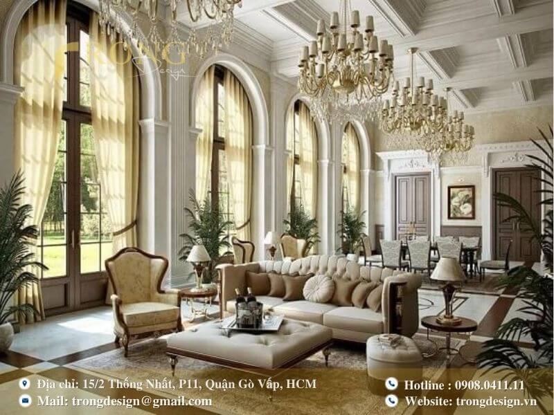 Phòng khách tân cổ điển cùng ánh sáng chan hòa tạo nên không gian đẳng cấp.