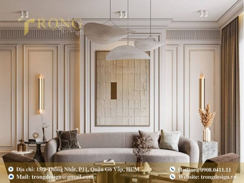 Phòng khách thanh lịch, nơi các chi tiết tân cổ điển quyện cùng nội thất hiện đại.