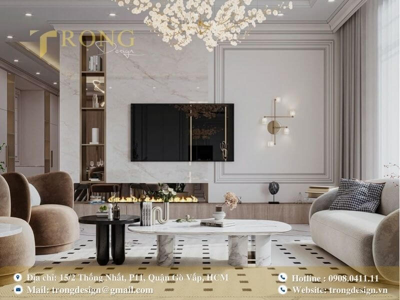 Phòng khách tân cổ điển đầy phong cách và ấm áp.