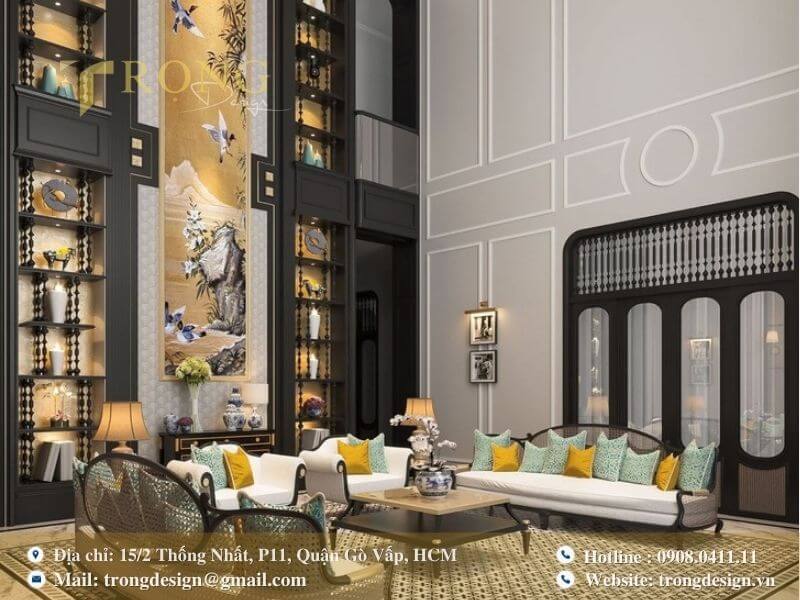 Phong cách Indochine bề thế và hoành tráng với trần nhà cao và nội thất tinh xảo.