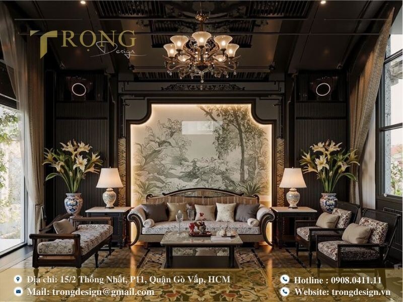 Không gian Indochine tinh tế, ấm cúng với nội thất gỗ chạm khắc và họa tiết hoa văn.