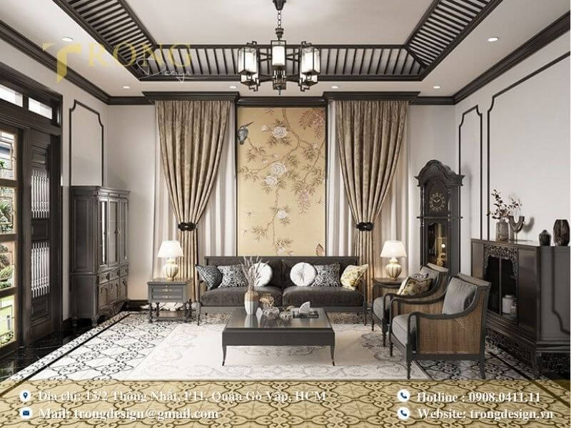 Phòng khách Indochine pha trộn hài hòa giữa nét truyền thống và vật liệu tự nhiên.