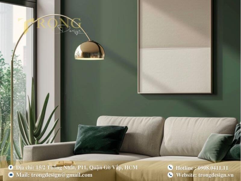 Phòng khách tối giản hiện đại với gam màu xanh rêu độc đáo.
