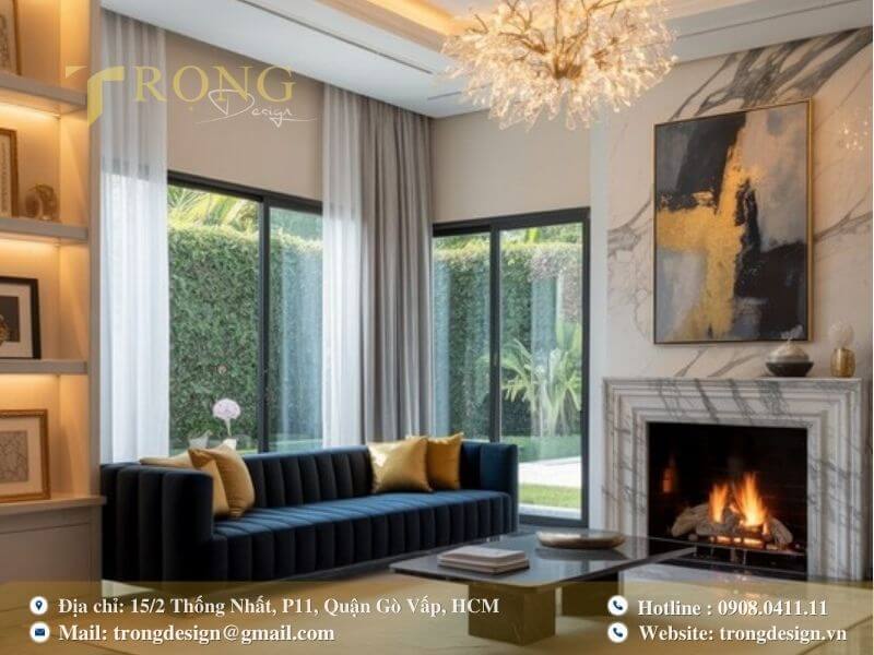 Phòng khách hiện đại sang trọng với nội thất tinh tế và điểm nhấn từ vật liệu cao cấp.