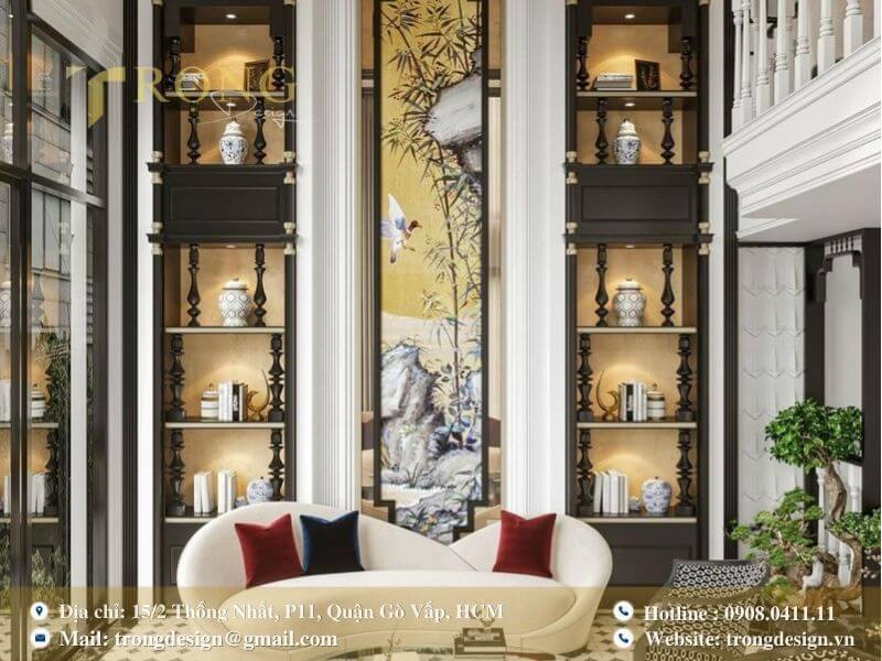 Phòng khách Indochine kết hợp Art Deco, sử dụng họa tiết truyền thống.