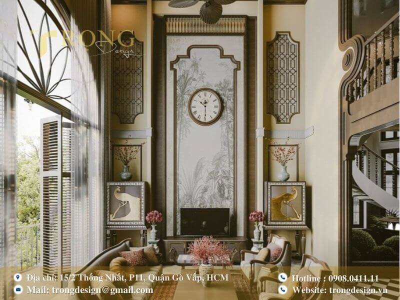 Phòng khách Indochine truyền thống, ấm cúng với nội thất gỗ.