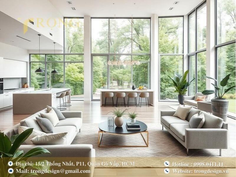 Không gian sống mở, hiện đại với nội thất tối giản và tầm nhìn ra khu vườn xanh.