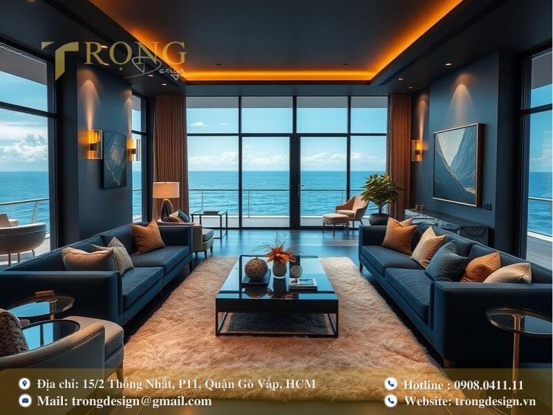 Phòng khách hiện đại với tông màu tối và hệ thống ánh sáng thông minh.