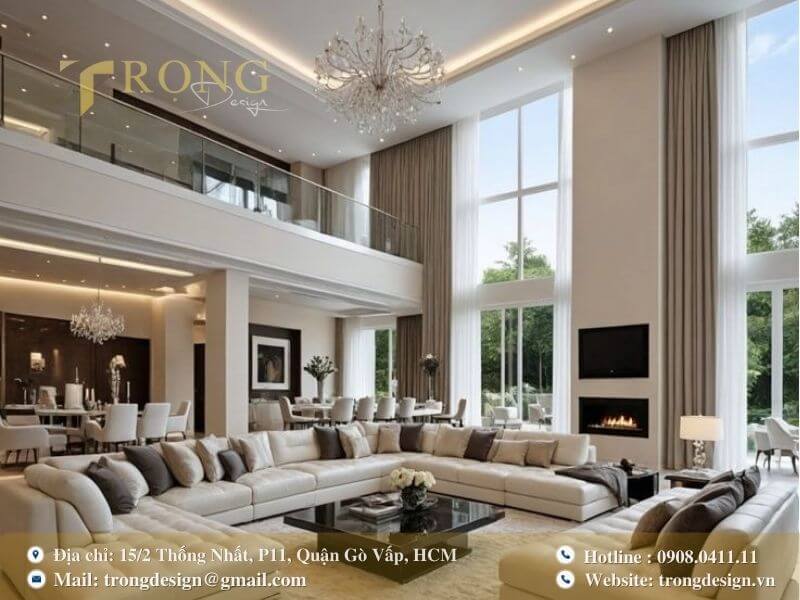 Phòng khách sang trọng với không gian mở và đèn chùm pha lê.