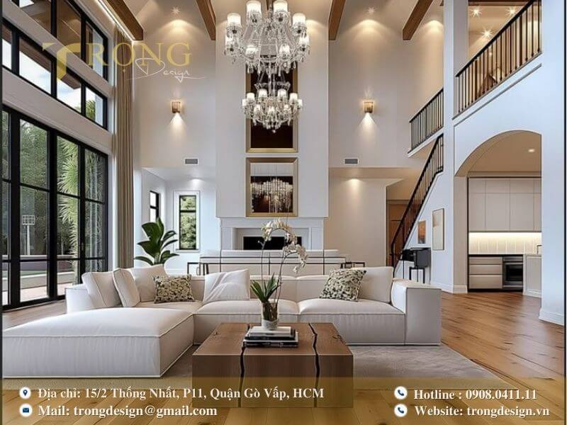 Phòng khách sang trọng với trần gỗ và đèn chùm pha lê.