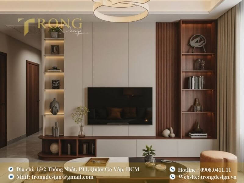 Nội thất hiện đại với thiết kế kệ tivi và bàn trà sáng tạo.