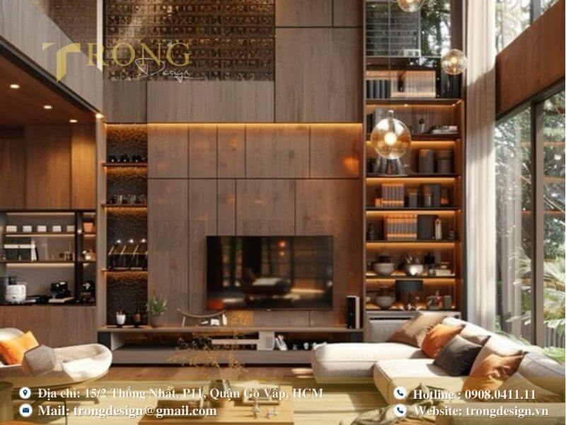 Một phòng khách hiện đại, sang trọng với chất liệu gỗ tự nhiên và ánh sáng ấm áp.