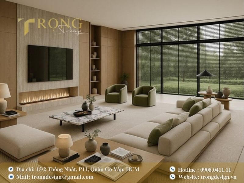 Thiết kế phòng khách tối giản, ấm cúng với lò sưởi và tầm nhìn ra vườn.