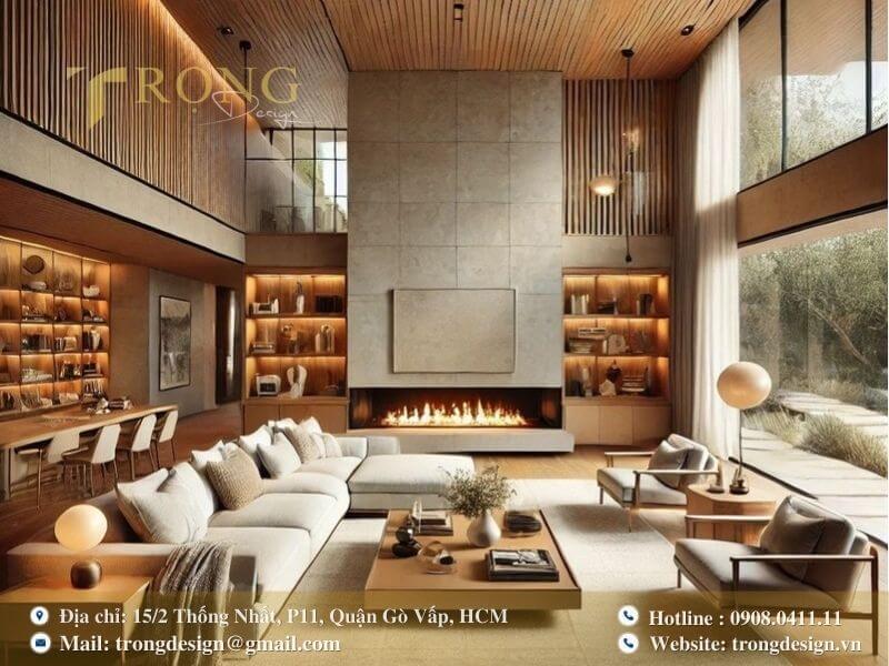 Phòng khách hiện đại, ấm cúng với lò sưởi trung tâm và nội thất gỗ.