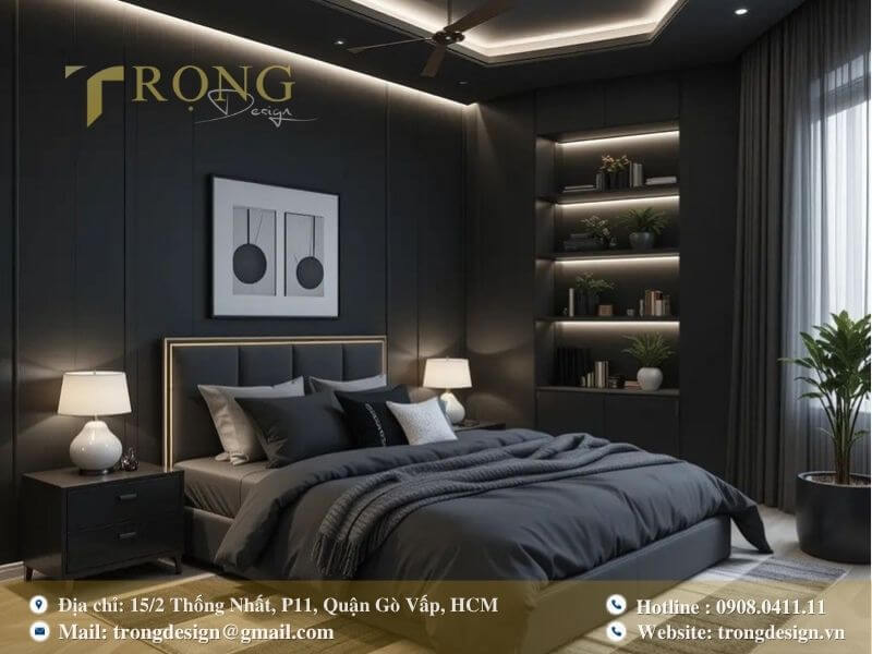 Phòng ngủ hiện đại với tông đen huyền bí và hệ đèn chiếu sáng tinh tế.