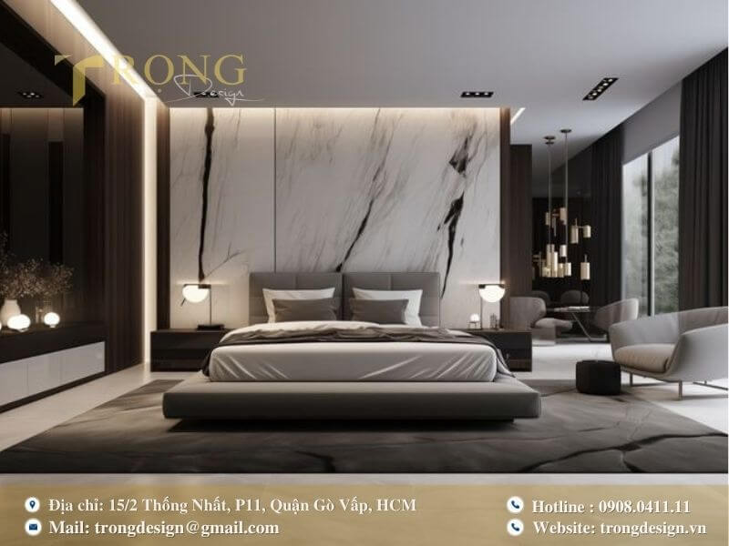 Phòng ngủ hiện đại, sang trọng với tường đá cẩm thạch và không gian mở rộng rãi.