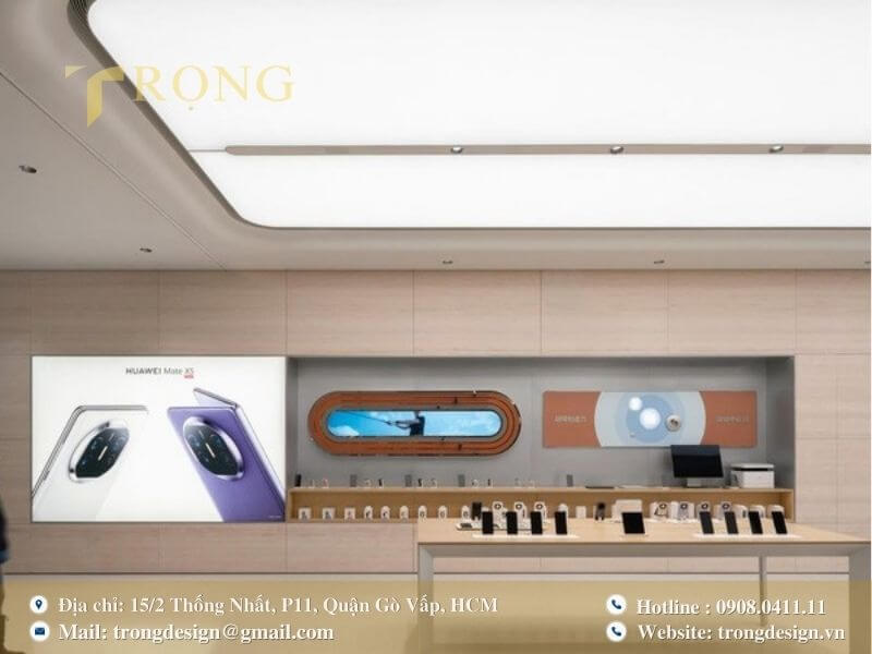 Cửa hàng Huawei hiện đại, tối giản với tường gỗ be và trần cong phát sáng