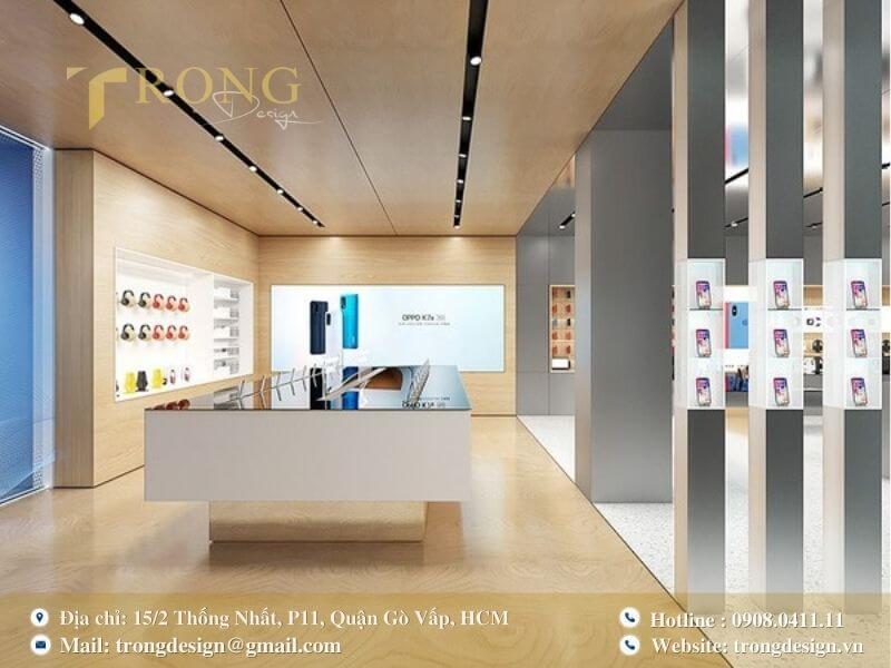 Cửa hàng OPPO ấm cúng với sự kết hợp gỗ sáng, kim loại và ánh sáng điểm.