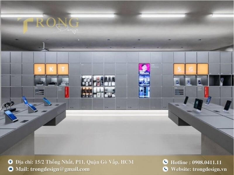 Thiết kế công nghệ cao với tông xám và tủ trưng bày module