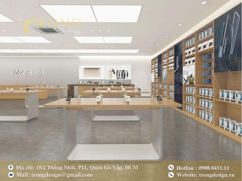 Phong cách tối giản với sự kết hợp giữa bàn trưng bày trắng và kệ gỗ ấm áp