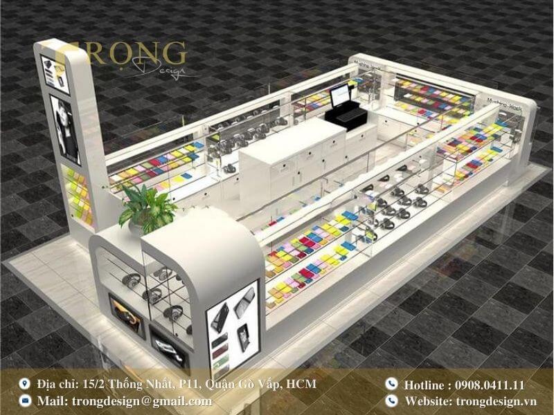 Ki-ốt trưng bày hiện đại, màu trắng bóng, chuyên về phụ kiện nhiều màu sắc.