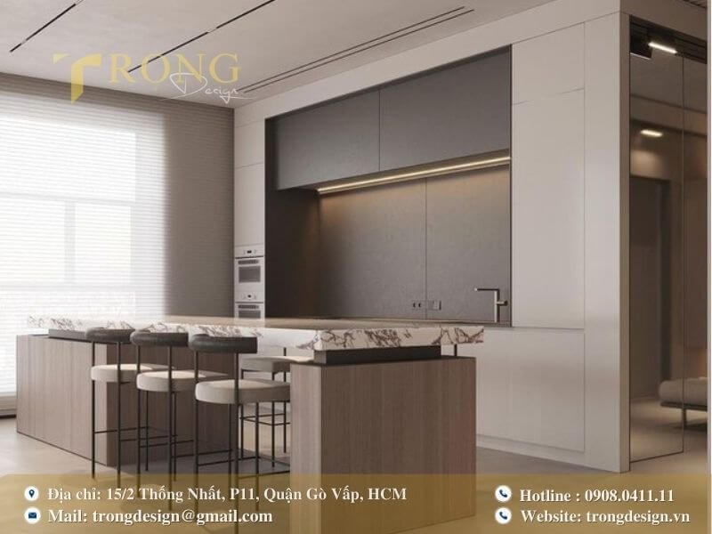 Thiết kế tối giản, chức năng với đảo bếp hai phần và tông màu trung tính.