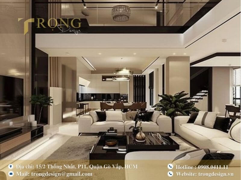 Không gian phòng khách hiện đại, trẻ trung với sự tương phản màu sắc.