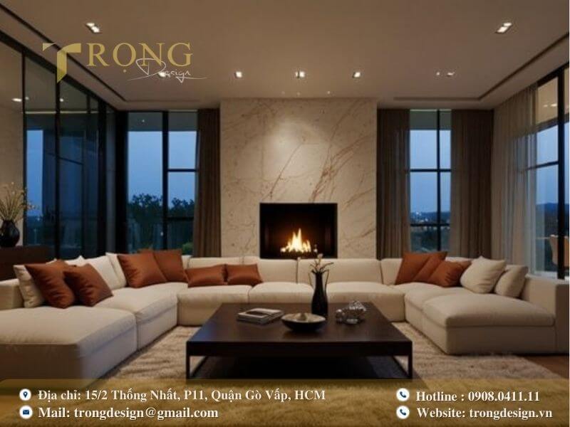 Phòng khách hiện đại, sang trọng với sofa chữ U và lò sưởi đá.